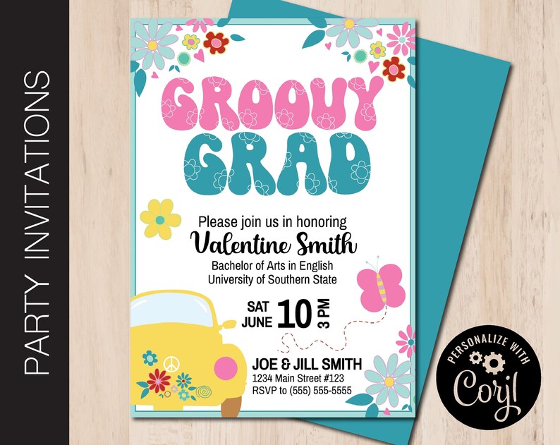 Editable GROOVY GRAD Party Invitation | 70s Theme | Hippie Grad | Funky ...