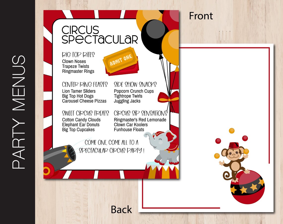 Editable CIRCUS Party Menu | Food Menu | Drink Sign | Concessions | Kid ...