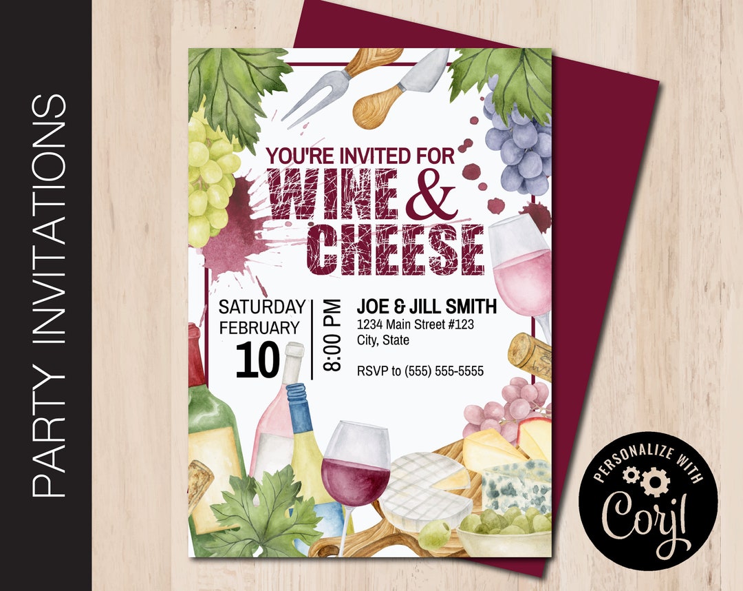 Editable WINE and CHEESE Party Invitation Wine Day Winery Trip Invite ...