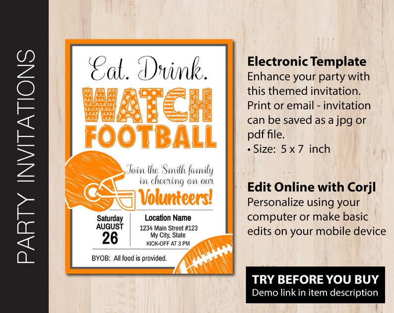 Editable FOOTBALL WATCH Party Invitation Orange & Smokey Colors Game