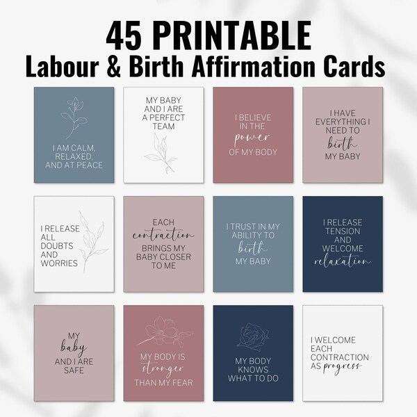 45 Printable Birth Affirmations, Positive Affirmation Cards for Pregnant Women, Natural Labour & Birth Experience, Botanical Doula Cards