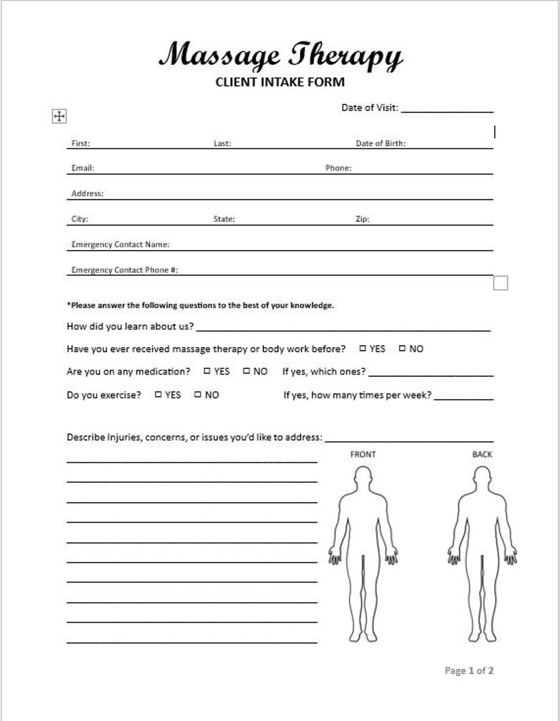 Detailed Massage Therapy Form, Printable Forms - Etsy
