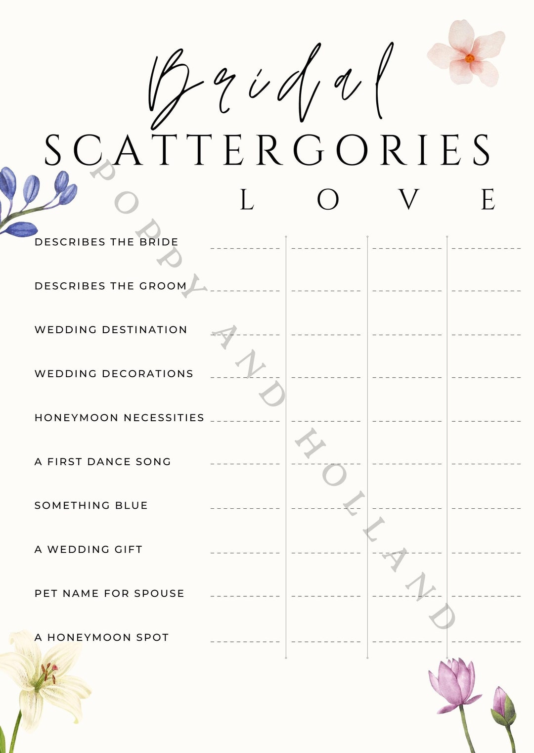 Bridal Shower Game, Bridal Scattergories, Instant Download, Minimalist
