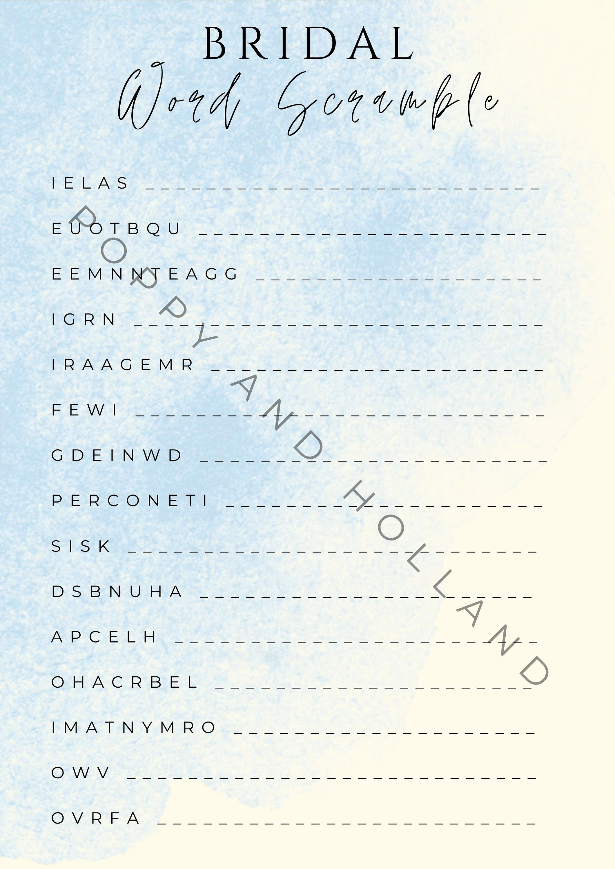Bridal Shower Game, Bridal Word Scramble, Instant Download, Watercolor Bridal Shower Game, Bridal Word Scramble, Instant Download, Watercolor