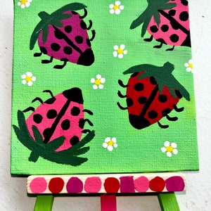 Hand-Painted Fruit Art | Kitchen Decor | Strawberry Painting | Mini Canvas 4in-Easel Included | Lady Bug Painting | “Berry Lady-like”