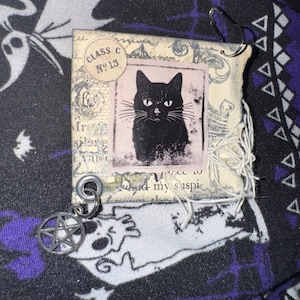 May include: A small, handmade, square-shaped charm featuring a black cat illustration on a pink background. The charm includes a metal pentagram charm and the text "Class C No. 13". The background has vintage paper elements.