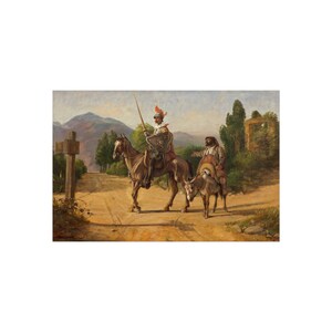 Puede incluir: Una pintura al óleo representa a dos figuras en un camino. Una figura, a caballo, lleva armadura y sostiene una lanza. La otra, en un burro, señala hacia adelante. La escena está ambientada en un camino de tierra con una cruz y montañas distantes.