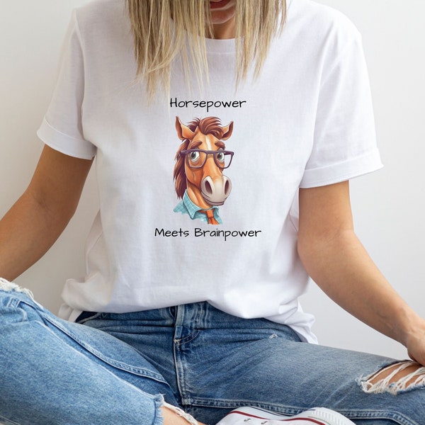 La puissance rencontre le t-shirt Brainpower | T-shirt blanc amusant | Cadeau de chemise de cheval mignon | Conception animale Kawaii | T-shirt Cheval pour Femme | Chemise pour hommes