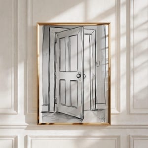 May include: A black and white line drawing of a partially open four-panel door set within a frame. The sketch features bold outlines, subtle shading, and a round doorknob, all enclosed within a thin gold-colored rectangular frame.