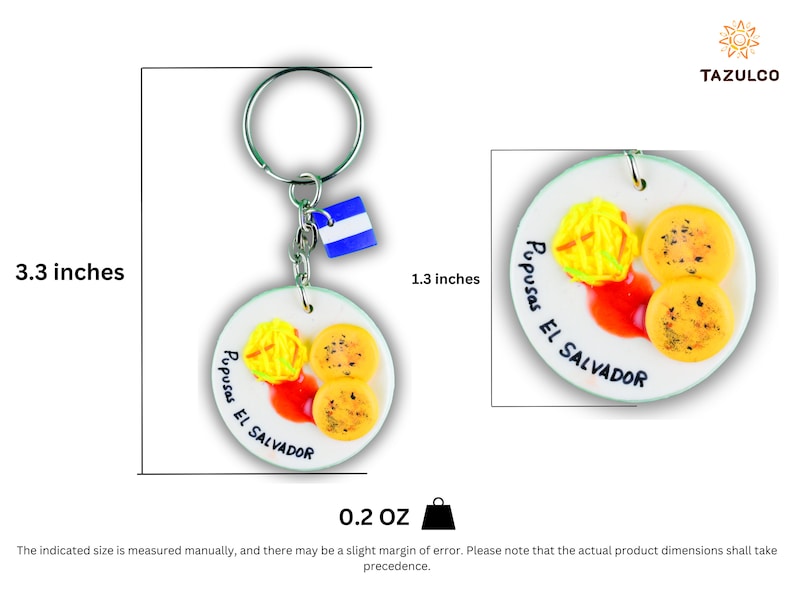 K&ouml;nnte beinhalten: Ein wei&szlig;er Keramik-Schl&uuml;sselanh&auml;nger mit einem gelben und braunen 3D-Bild von Pupusas, einem traditionellen salvadorianischen Gericht, mit dem Text "Pupusas El Salvador". Der Schl&uuml;sselanh&auml;nger ist 8,4 cm hoch und 3,3 cm breit.