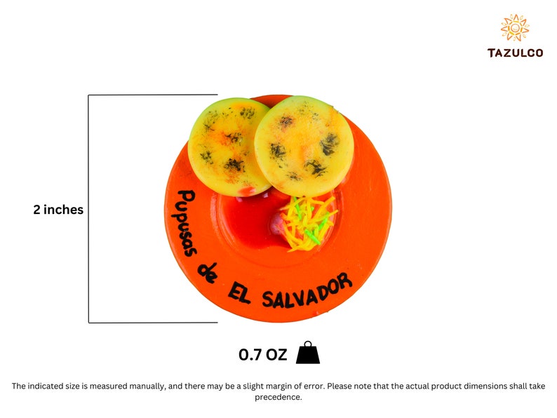 Puede incluir: Un plato de cer&aacute;mica naranja de 5 cm de di&aacute;metro con un borde blanco, que representa dos pupusas, un acompa&ntilde;amiento de curtido y una salsa roja. El plato est&aacute; decorado con el texto "Pupusas de El Salvador".