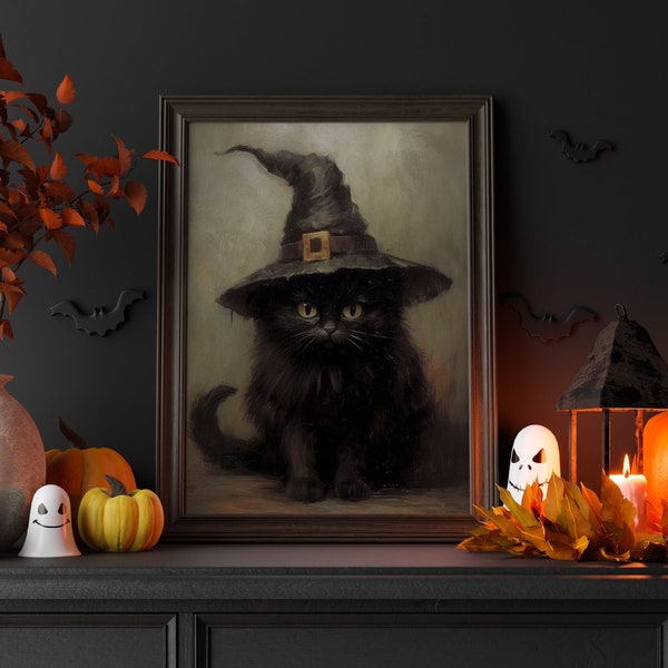 Halloween Printable Wall Art Black Cat Halloween Rustic Print Halloween Decor Cute Black Cat Halloween Painting Spooky Season