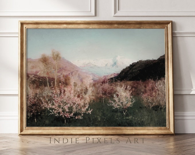 Pink Nursey Decor Spring Landscape Vintage Oil Painting Artful Floral Print | Muted Pink Coquette Nursery Decor | PRINTABLE Digital Art