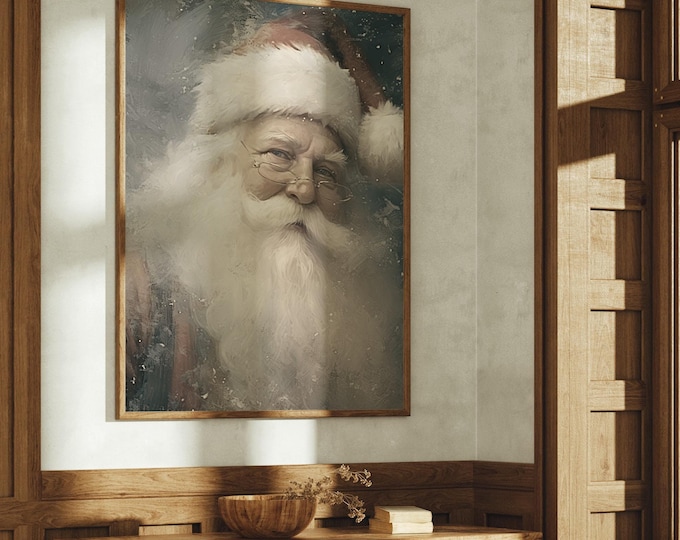 Vintage Santa Claus Painting, Christmas Printable Wall Art, Neutral Rustic Santa Print, Beige Holiday Decor, Winter Print