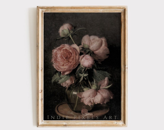 Vintage Flower Print Moody Roses Oil Painting | Cottage Wall Art Downloadable | Pink Cottage Decor Painting Pink Roses Downloadable Art