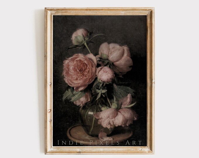 Vintage Flower Print Moody Roses Oil Painting | Cottage Wall Art Downloadable | Pink Cottage Decor Painting Pink Roses Downloadable Art