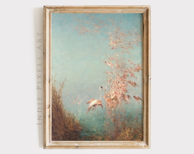 Spring Wall Art Vintage Painting Flamingo Print | Vintage Coastal Farmhouse Cottage Art PRINTABLE Landscape Vintage Digital Download