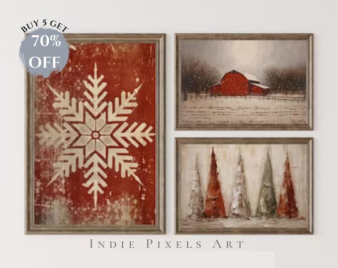 Christmas Gallery Wall Prints SET Rustic Red Christmas Digital Prints Art Gallery Red Barn Prints Holiday Wall Art Vintage Holiday Set 10
