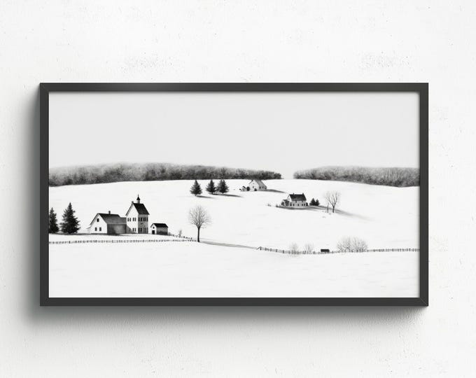 Frame TV Art Winter Forest Painting Black and White Samsung Frame TV Art Snowy Pasture Landscape Farmhouse Decor Digital Download