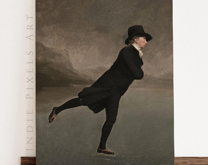 Vintage Ice Skating Painting: Rustic Winter Cottage Decor (Digital Print)