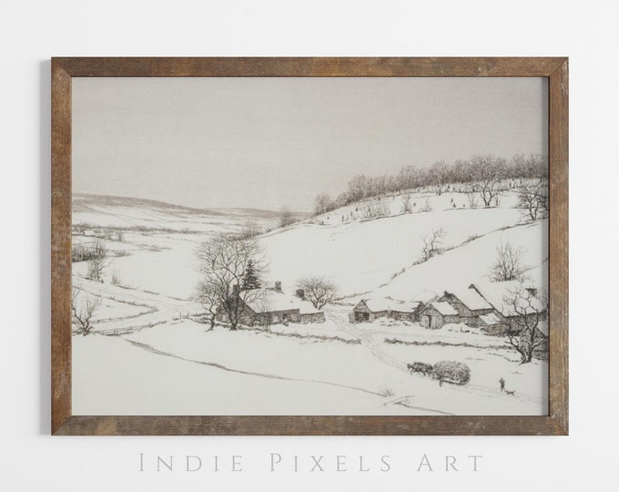 Winter Wall Art Printable Vintage Snowy Landscape Sketch | Neutral Printable Winter Art Cozy Cottage Decor Simple Modern Farmhouse Decor