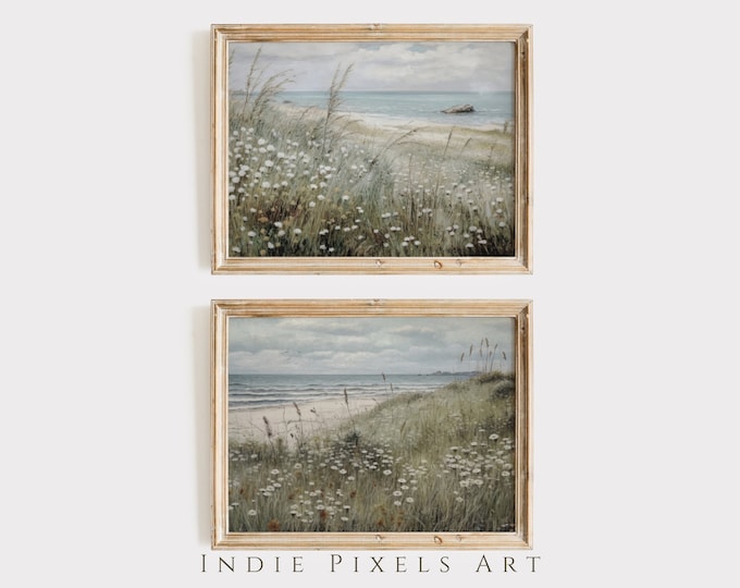 Coastal Wall Art Beach Print Neutral Wall Art Set of 2 | Beige Wall Art Beach Minimalist Landscape Vintage Coastal Farmhouse Decor Neutral