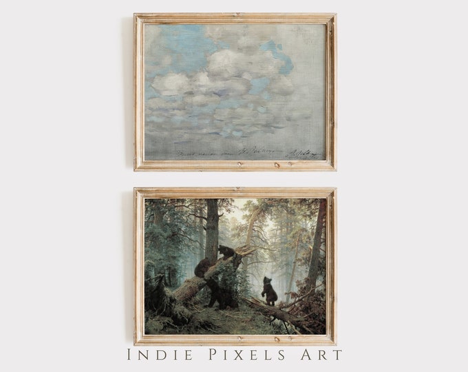 Printable Woodlands Cabin Decor Forest and Clouds Gallery Wall Set of 2 Printable Vintage Clouds and Bears Lodge Decor Art for Hunting Cabin