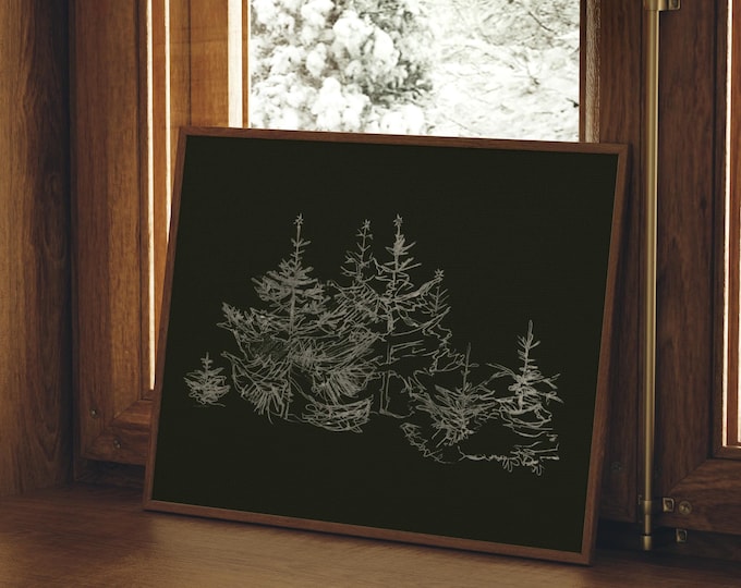 Vintage Winter Prints Primitive Pine Trees Home Decor Digital Print Winter Landscape Print Holiday Home Decor Pine Forest Digital Download