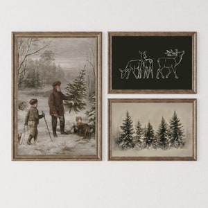 Vintage Christmas Tree Print, Christmas Decor Printable Reindeer Wall Art Set, Moody Natural Antique Holiday Winter Evergreen Tree Painting