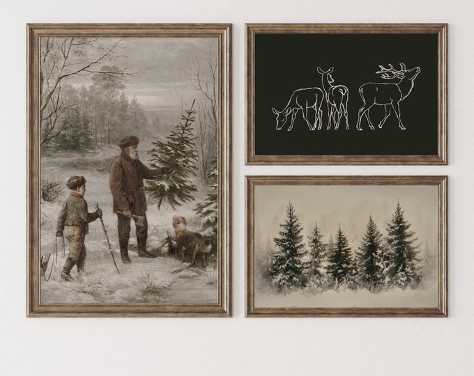 Vintage Christmas Tree Print, Christmas Decor Printable Reindeer Wall Art Set, Moody Natural Antique Holiday Winter Evergreen Tree Painting