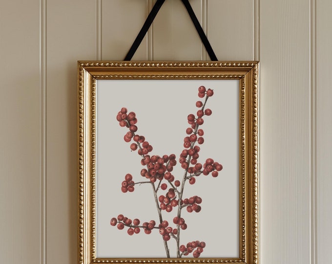 Vintage Christmas Wall Art Winter Berry Branch Printable Vintage Holiday Prints | Vertical Cottage Christmas Decor Holiday Farmhouse Decor