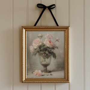 Vintage Flower Print Roses Oil Painting | Cottage Wall Art Downloadable | Pink Country Botanical Painting | Pink Roses Nursery Decor