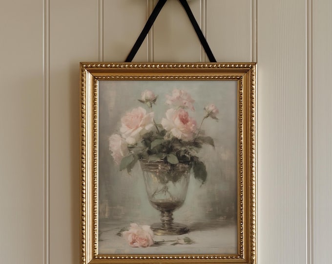 Vintage Flower Print Roses Oil Painting | Cottage Wall Art Downloadable | Pink Country Botanical Painting | Pink Roses Nursery Decor