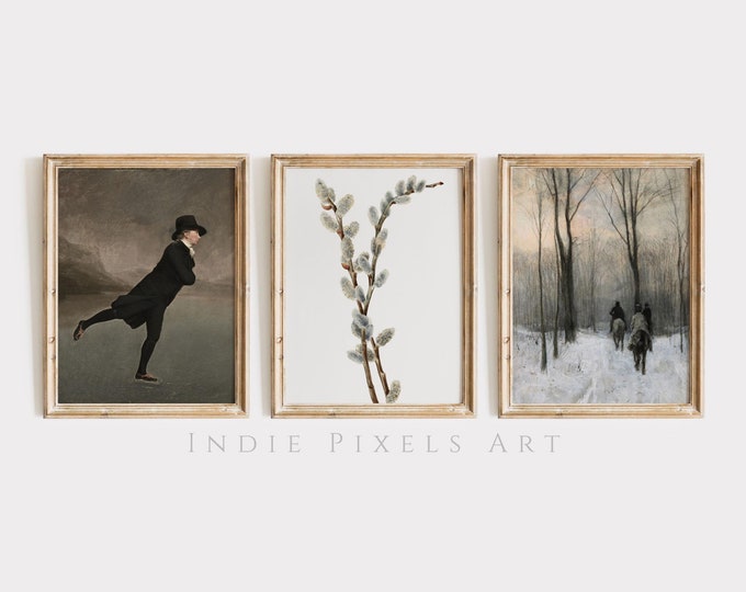 Vintage Winter Landscape Print Set, Moody Cottage Decor (Digital Download)