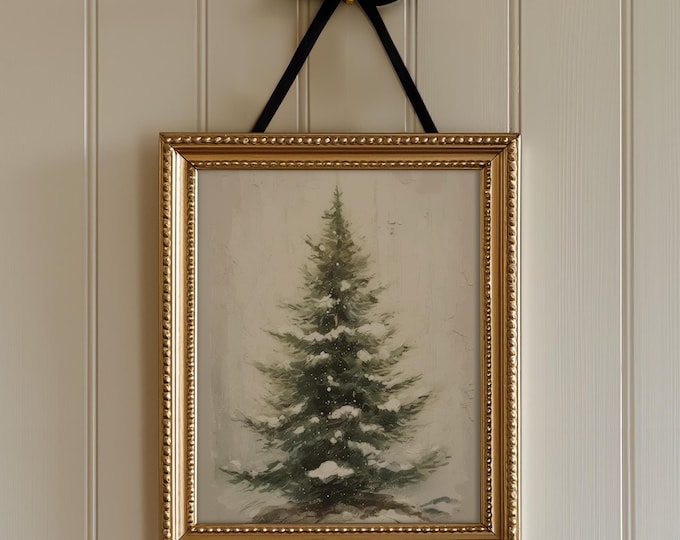 Winter Pine Tree Painting | Rustic Christmas Wall Art (Digital Download)