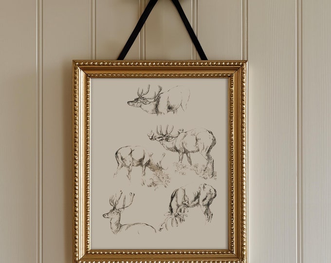 Christmas Wall Art Vintage Reindeer Sketches Holiday Printable Art | Antique Christmas Art Prints Christmas Decor Rustic Farmhouse Decor