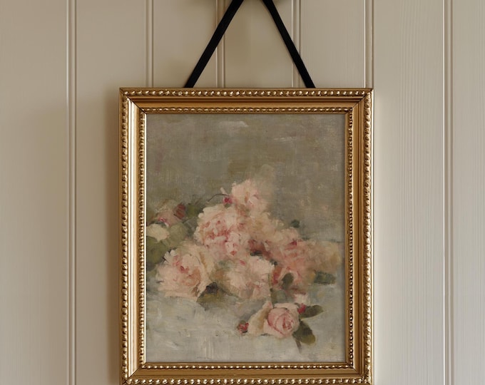 Printable Wall Art Vintage Pink Roses Still Life Painting Pink Girls Room Decor | Vertical Floral Farmhouse Wall Decor Pink Roses