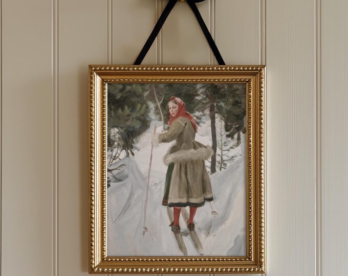 Winter Wall Art Vintage Skiing Oil Painting Winter Landscape Printable Art | Vertical Rustic Winter Cottage Decor Vintage Farmhouse Decor