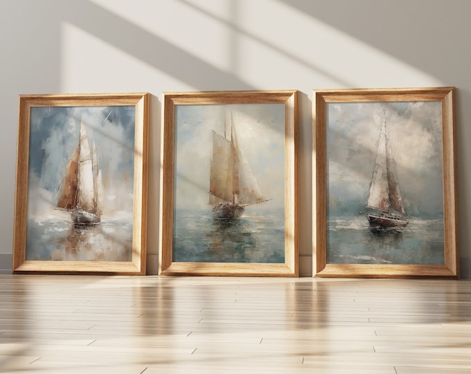 Nautical Art SET of 3 Prints Gallery Wall Set Sailboat Painting Neutral Painting Prints Nautical Nursey Summer Landscapes Beach House