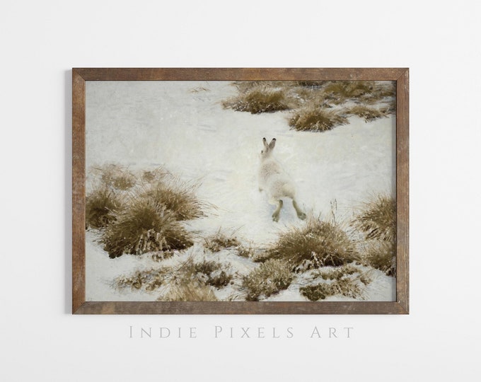 Winter Wall Art Printable Vintage Rabbit Winter Landscape Oil Painting | Nature Wall Art Cozy Cottage Winter Prints Farmhouse Winter Decor