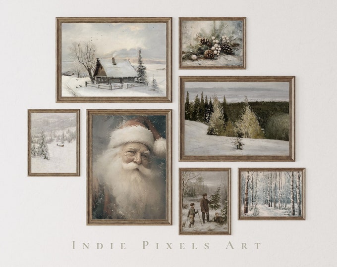 Printable Vintage Christmas Tree Prints, Set of Moody Winter Wall Art