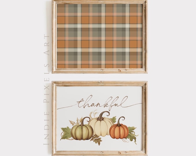 Fall Wall Decor Printable Pumpkin Thankful Sign Set Simple Fall Hosting Decor Autumn Wall Print Thanksgiving Prints Vertical Pumpkin Decor