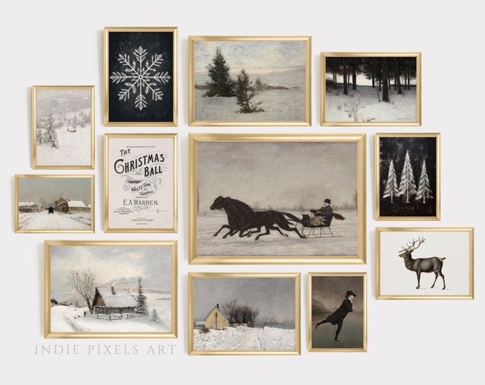 Moody Winter Prints Set Vintage Black and White Vintage Sleigh Moody Winter Landscapes Winter Gallery Set Neutral Christmas Vintage Wall Art