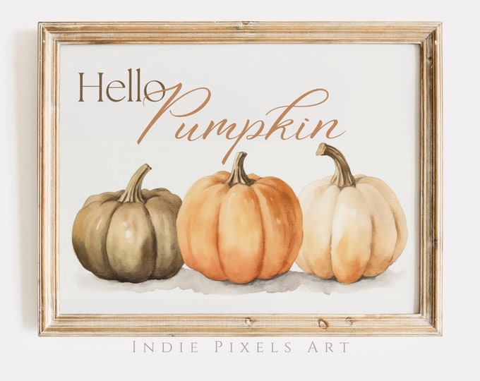 Fall Wall Decor Printable Hello Pumpkin Sign | Rustic Fall Art Vintage Autumn Wall Print Watercolor Pumpkins Autumn Decor Thanksgiving Print