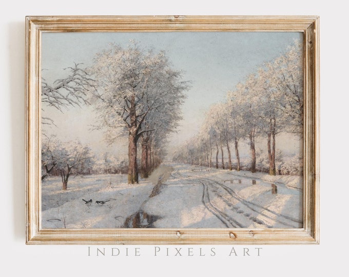 Winter Wall Art Vintage Oil Painting Winter Snowy Road Landscape Printable Art | Rustic Cottage Winter Decor Neutral Farmhouse Decor