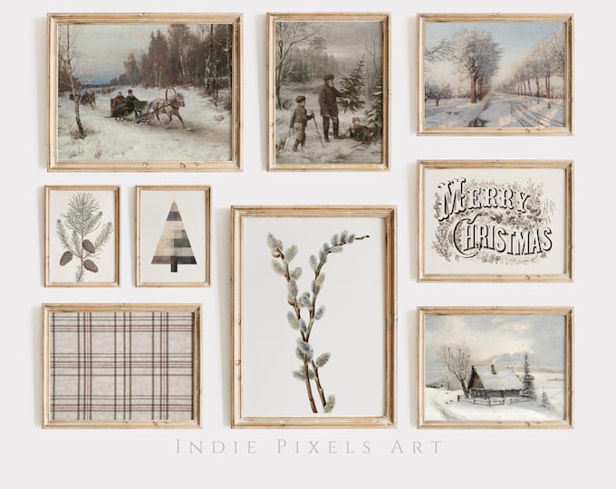 Vintage Cozy Christmas Gallery Prints Set of 9 Rustic Country Farmhouse Printable Christmas Wall Art Farmhouse Christmas Decor Digital Art