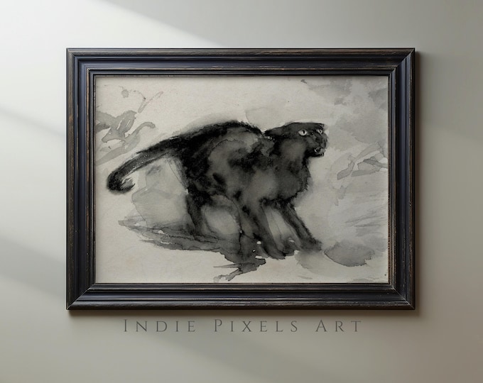 Halloween Art Cute Black Cat Halloween Digital Print, Halloween Wall Decor Digital Download Vintage Halloween Digital Print
