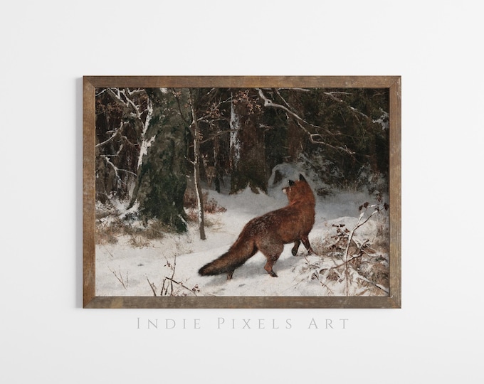 Winter Wall Art Vintage Oil Painting Fox in Snow Landscape Printable Art | Rustic Cottage Winter Decor Moody Farmhouse Decor