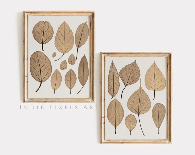 Printable Fall Gallery Wall Art SET of 2 Vintage Leaves Digital Prints Vintage Autumn Print Cottage Farmhouse Decor Simple Neutral Fall Art