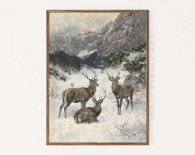 Winter Wall Art Prints Vintage Deer Painting | Printable Cozy Cottage Decor Farmhouse Winter Cottagecore Christmas Vintage Printable Art